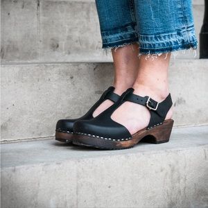 Lotta from Stockholm Swedish Clogs Sweden Low Wood TBar Black Leather